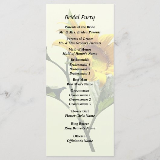Profiel van een Sunflower Wedding Programme Programmakaart (Achterkant)
