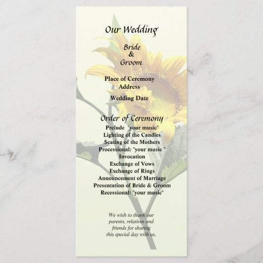 Profiel van een Sunflower Wedding Programme Programmakaart (Voorkant)
