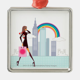 Profiel van een vrouw die met een boodschappentas  metalen ornament