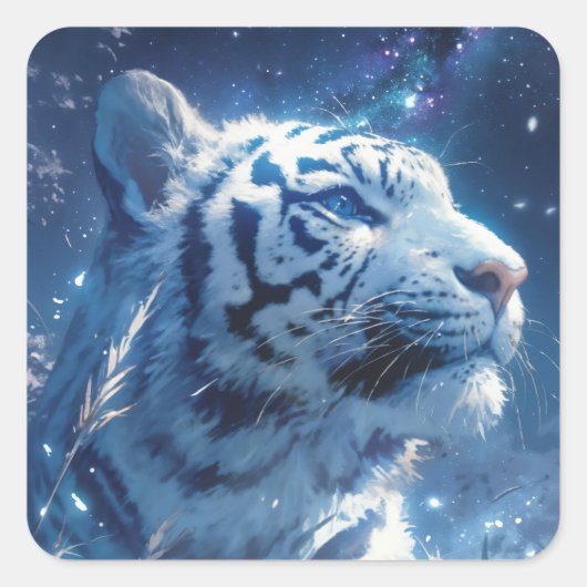 Profiel van Witte Tijger Onder Sterrennachtelijke  Vierkante Sticker (Voorkant)