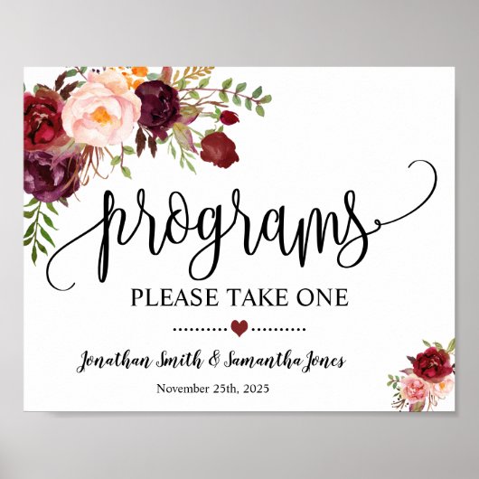 Progams bordbruiloft ceremony boho marsala floral poster (Voorkant)