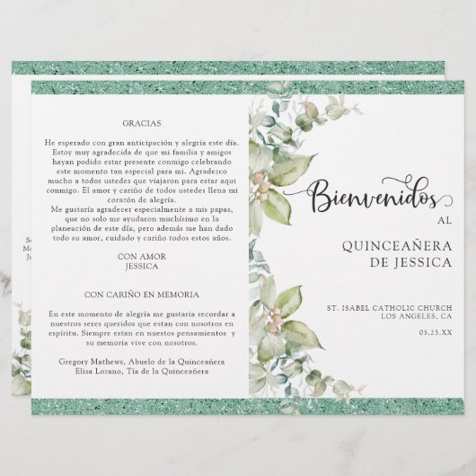 Programa de Quinceañera Verde con Hojas (Voorkant / Achterkant)