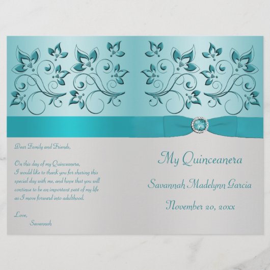Programma Aqua en Silver Floral Quinceanera (Voorkant)