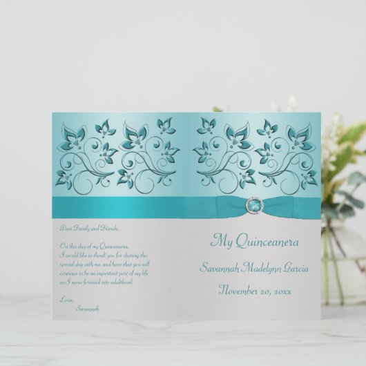 Programma Aqua en Silver Floral Quinceanera (Staand voorkant)