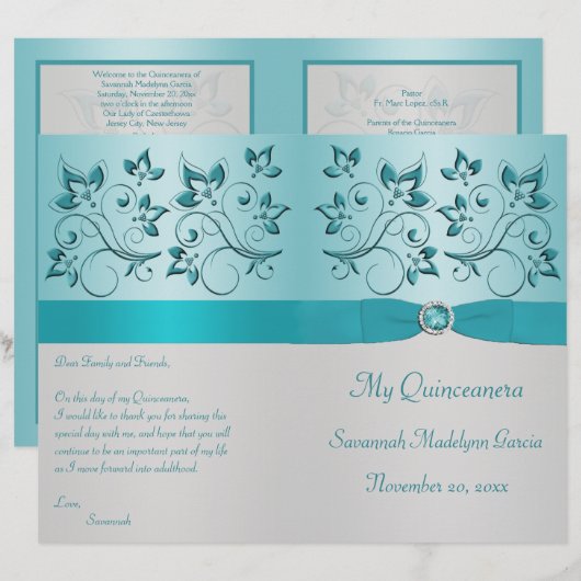 Programma Aqua en Silver Floral Quinceanera (Voorkant / Achterkant)