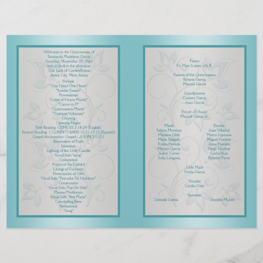 Programma Aqua en Silver Floral Quinceanera (Achterkant)