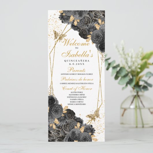 Programma Black and Gold Floral Quinceanera (Staand voorkant)