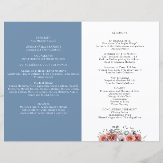 Programma Blauwe en Blush Floral Quinceanera (Achterkant)