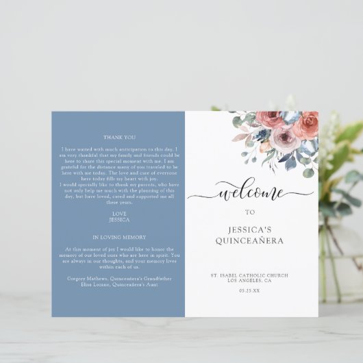 Programma Blauwe en Blush Floral Quinceanera (Staand voorkant)