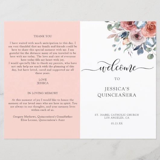programma Blush en Blue Floral Quinceanera (Voorkant)
