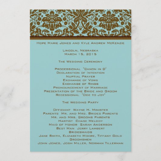 programma Brown Damask Wedding Programmakaart (Voorkant)