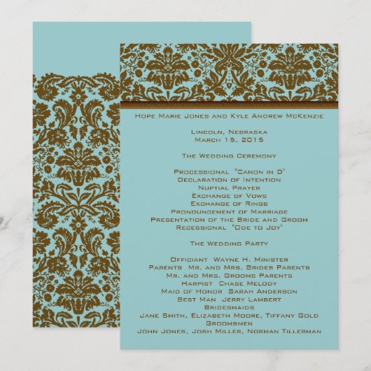 programma Brown Damask Wedding Programmakaart (Voorkant / Achterkant)