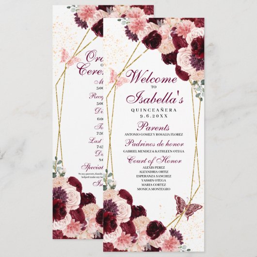 Programma Burgundy Blush Pink Floral Quinceanera (Voorkant / Achterkant)