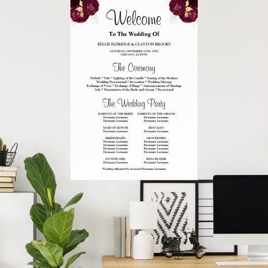 Programma Burgundy/Gold Floral Wedding Ceremony Poster (Thuiskantoor)