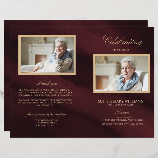 Programma Burgundy & Gold Funeral | Dienstenvolgor (Voorkant / Achterkant)