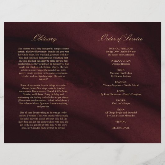 Programma Burgundy & Gold Funeral | Dienstenvolgor (Achterkant)