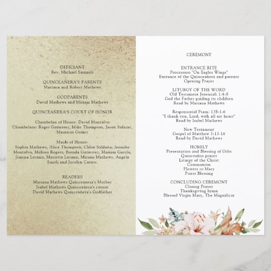 Programma Champagne Gold en Pink Floral Quinceaner (Achterkant)