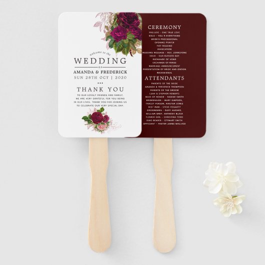programma Chic Blush en Burgundy Wedding Handwaaier (Voorkant en achterkant)