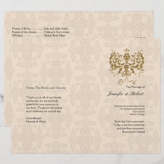 Programma Cream and Gold Damask Wedding (Voorkant / Achterkant)