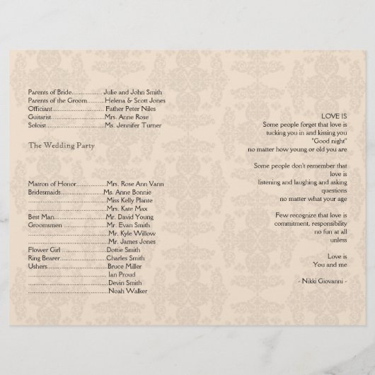 Programma Cream and Gold Damask Wedding (Achterkant)