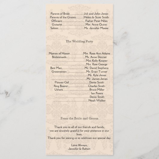 Programma Cream and Gold Damask Wedding Programmakaart (Achterkant)