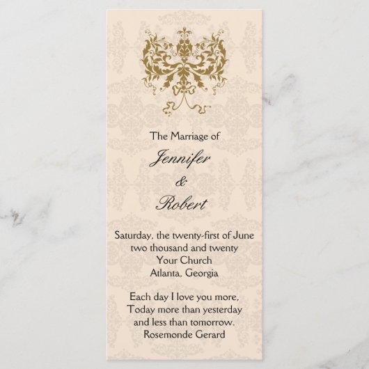 Programma Cream and Gold Damask Wedding Programmakaart (Voorkant)