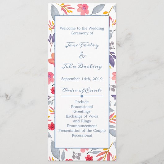 Programma Dusty Blue Floral Programmakaart (Voorkant)