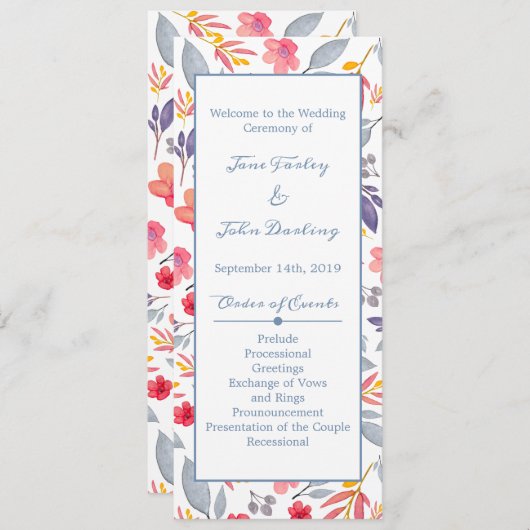 Programma Dusty Blue Floral Programmakaart (Voorkant / Achterkant)