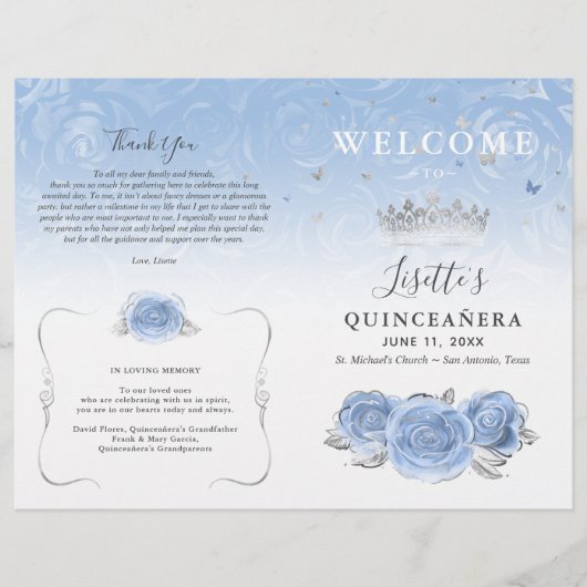 Programma Elegant Baby Blue en Silver Quinceanera (Voorkant)