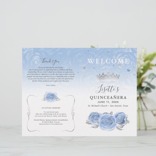 Programma Elegant Baby Blue en Silver Quinceanera (Staand voorkant)