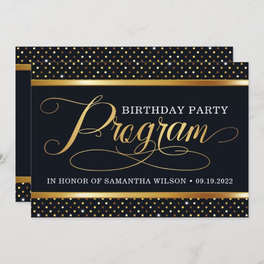 Programma Elegant Black and Gold Birthday Programmakaart (Voorkant / Achterkant)