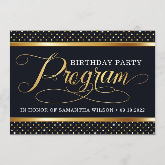 Programma Elegant Black and Gold Birthday Programmakaart (Voorkant)