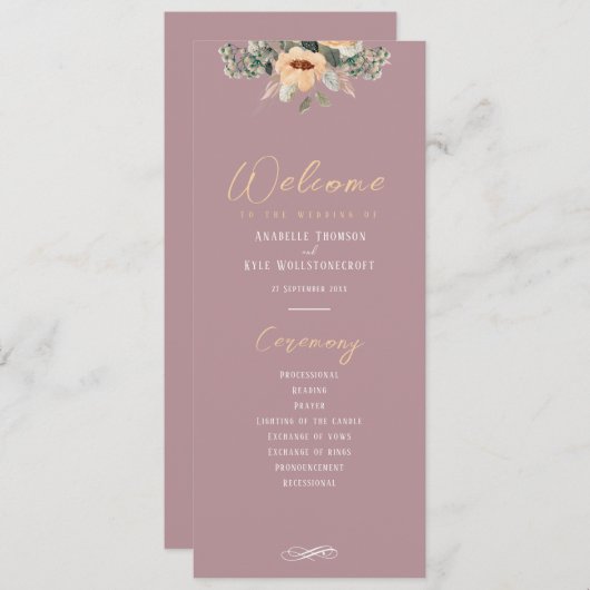 Programma - Elegant bloemroze, Bruiloft Programmakaart (Voorkant / Achterkant)