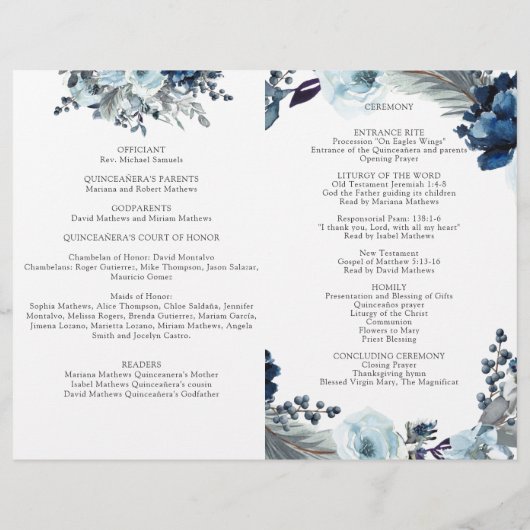 Programma Elegant Blue Quinceañera Floral (Achterkant)