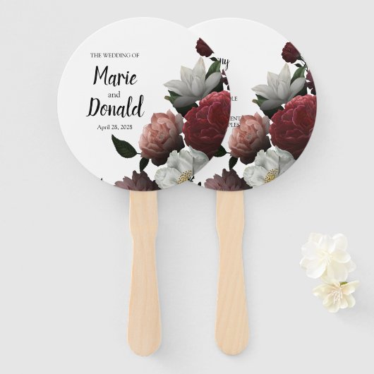 Programma Elegant Bourgogne en roze bloemen Handwaaier (Voorkant en achterkant)