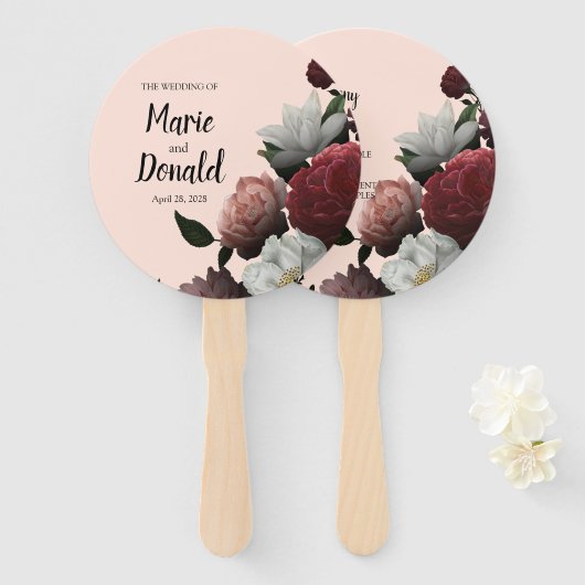 Programma Elegant Bourgogne en roze bloemen Handwaaier (Voorkant en achterkant)