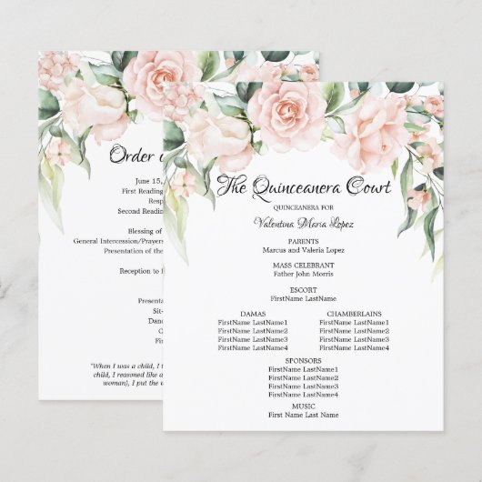 Programma Elegant Pink Floral Quinceanera (Voorkant / Achterkant)