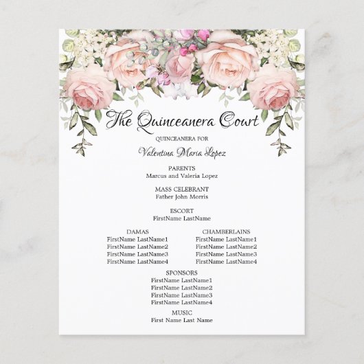 Programma Elegant Pink Floral Quinceanera (Voorkant)