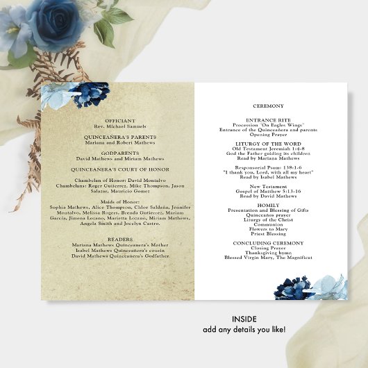 Programma Elegant Quinceañera Blue en Gold Floral