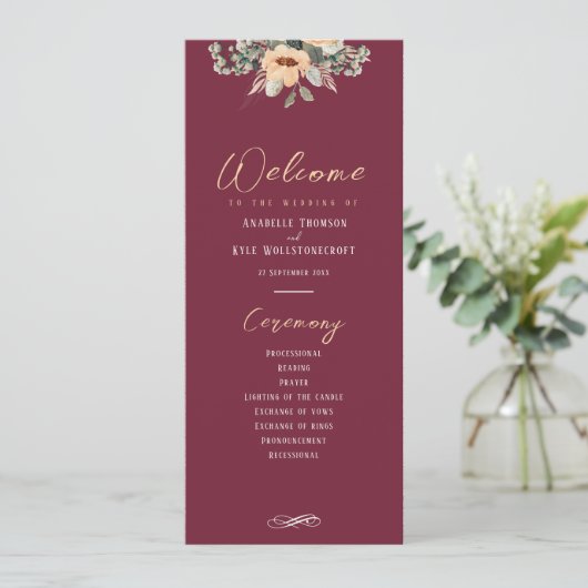 Programma - Elegante bordeaux, bruiloft Programmakaart (Staand voorkant)