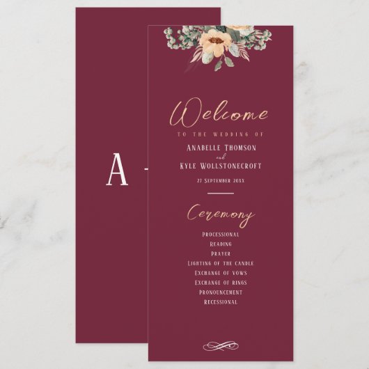 Programma - Elegante bordeaux, bruiloft Programmakaart (Voorkant / Achterkant)