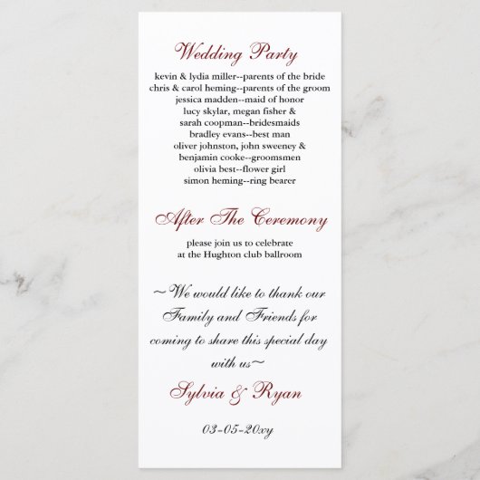 programma floral red Wedding Programmakaart (Achterkant)