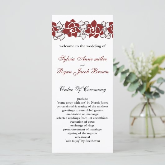programma floral red Wedding Programmakaart (Staand voorkant)
