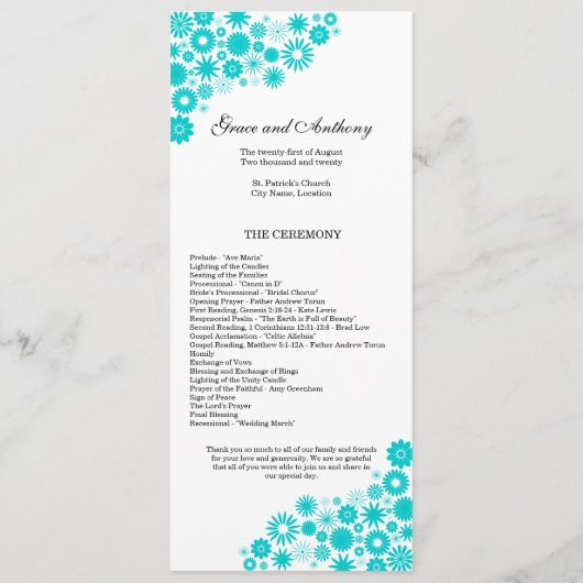  programma Florals Turquoise Wedding Programmakaart (Achterkant)