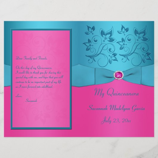 Programma Fuchsia en Turquoise Floral Quinceanera (Voorkant)