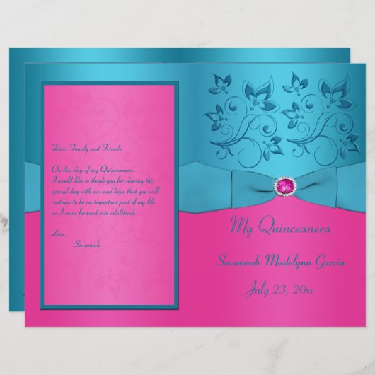 Programma Fuchsia en Turquoise Floral Quinceanera (Voorkant / Achterkant)