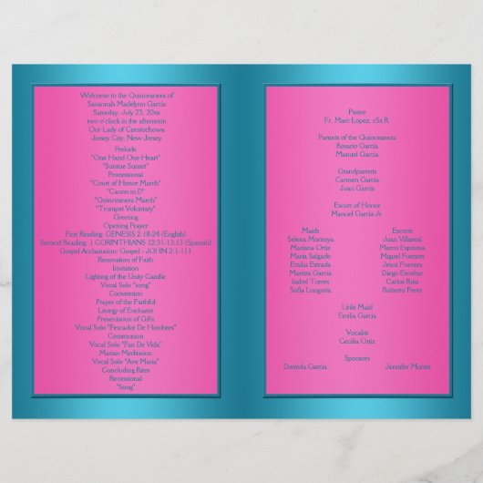 Programma Fuchsia en Turquoise Floral Quinceanera (Achterkant)