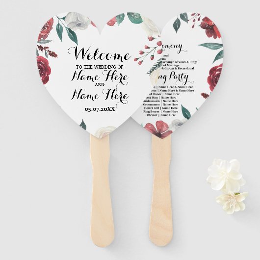 Programma Hand Fan Bruiloft Rood Bloemen Blad Handwaaier (Voorkant en achterkant)