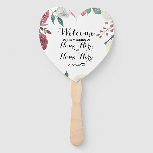 Programma Hand Fan Bruiloft Rood Bloemen Blad Handwaaier (Voorkant)