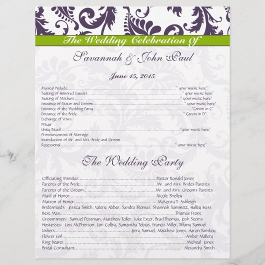 Programma Lapis Paars en Apple Green Damask Weddin (Voorkant)